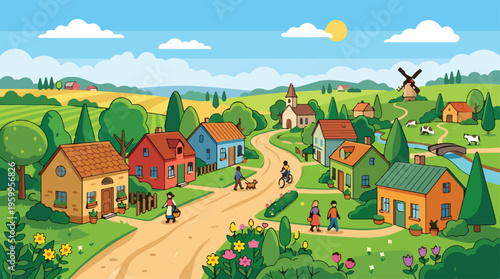 Charming village landscape vector, colorful small town with houses and church, idyllic rural countryside scene with rolling hills and windmill