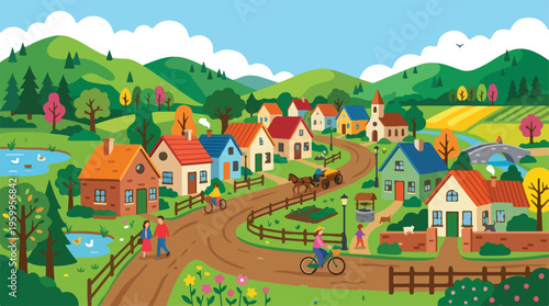 Idyllic countryside village landscape with colorful houses and rolling green hills, rural town scenery with people and horse carriage, vector art