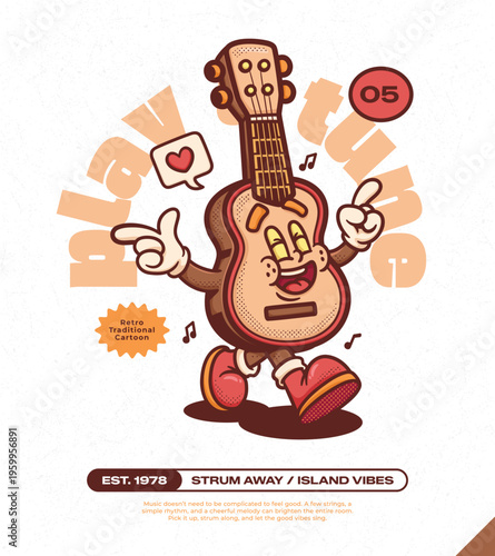 Ukulele Guitar Trendy Retro Cartoon Vector Hand Drawn  5