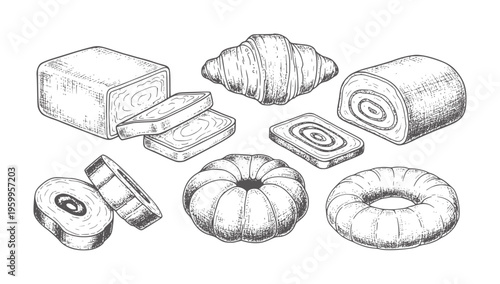 Black and white line of various types of bread and rolls croissants baguette 1 doughnut