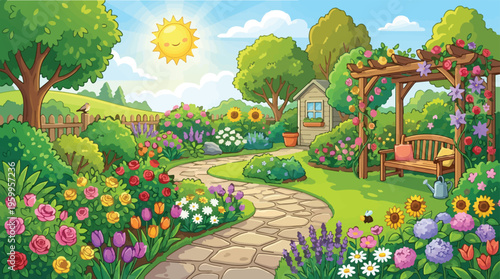 Vibrant cartoon garden landscape vector, sunny backyard with blooming flowers and stone path, peaceful summer garden scene with wooden pergola
