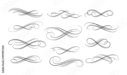 Black ink decorative flourishes and swirls set white