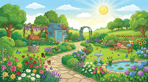 Lush summer garden landscape vector, vibrant backyard garden with stone path and blooming flowers, sunny cottage garden with pond and wishing well
