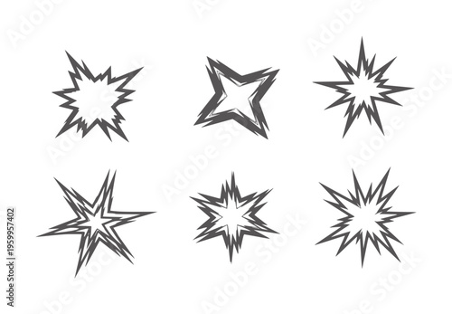 Five black jagged starburst shapes white stars