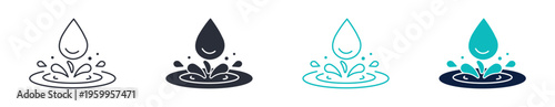 Water drop splash icon set, liquid droplet ripple symbol, outline and solid and color style. Vector illustration.