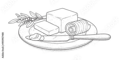 Hand drawn etching of cheese honeycomb and knife plate with olive branch olives