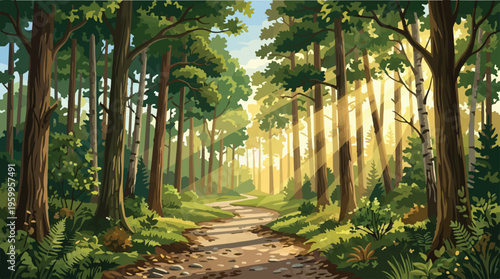 Lush green forest landscape with sunbeams, winding dirt path through a dense woodland vector, peaceful summer nature scene with tall trees