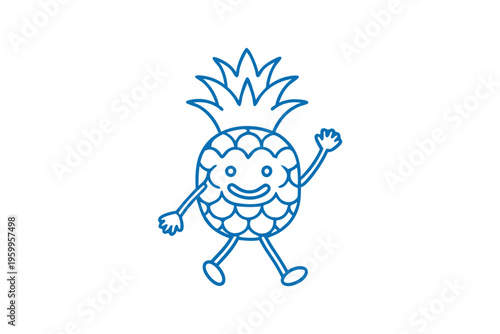 Happy Waving Hala Fruit Cartoon Character Mascot, Line Art Vector Illustration