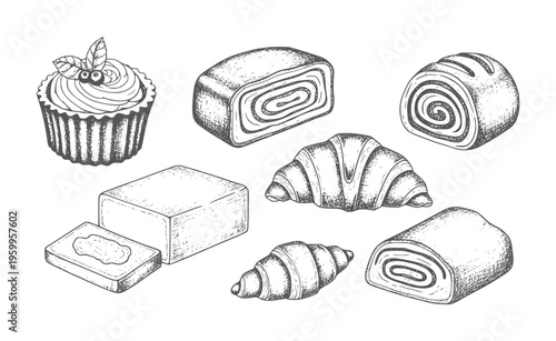 Monochrome etched pastries and desserts collection with butter and croissants