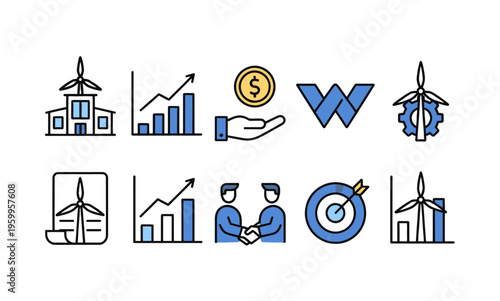 Renewable energy business icons set, 10 wind power and financial growth vector elements, sustainable green economy and investment symbols