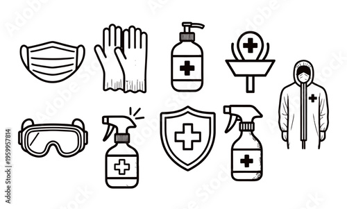 Medical personal protective equipment icons, 9 safety and hygiene vector elements, black and white outline PPE symbols for healthcare and sanitation