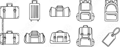 Baggage icon. Linear icons of baggage. Vector illustration. Travel concept. Set of baggage icons