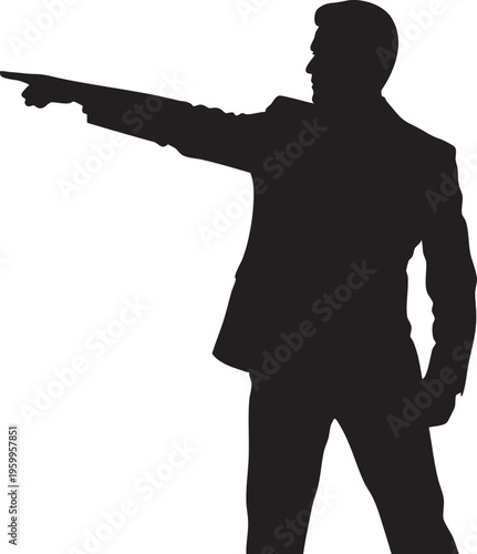Silhouette of a man in a suit pointing to the left
