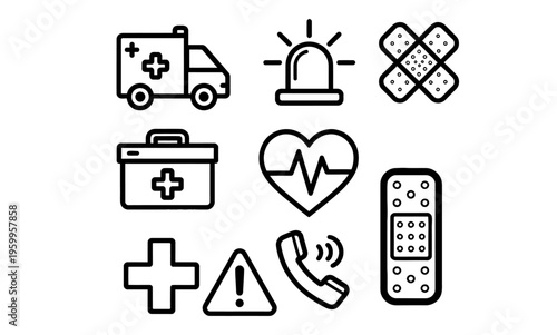 Emergency medical care vector icon set, essential healthcare and first aid symbols, black line art illustrations for health services, hospital, and urgent assistance designs