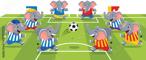 Cute elephants playing soccer on field, cartoon vector illustration of animal team football match with colorful uniforms