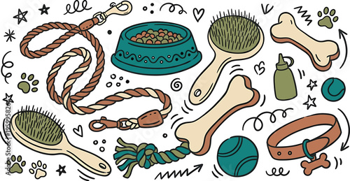 Colorful dog accessories isolated on transparent background