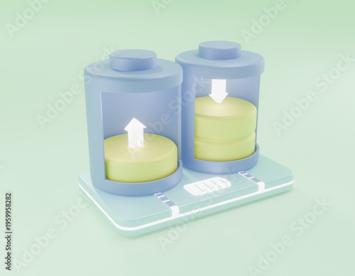 Obraz na plátne Battery Cell Balancing: A sleek 3D illustration showing two cylindrical battery cells on a charging platform with directional arrows indicating charge equalization between them
