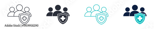 Healthcare group protection icon set, medical insurance people shield cross symbol, outline and solid and color style. Vector illustration.