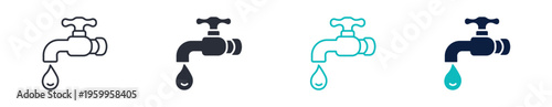 Water tap drop icon set, faucet liquid flow plumbing symbol, outline and solid and color style. Vector illustration.