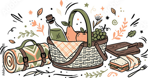 Picnic basket with wine bread and cheese isolated on transparent background