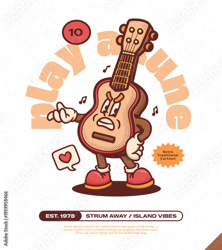 Ukulele Guitar Trendy Retro Cartoon Vector Hand Drawn  10