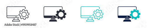 Computer settings icon set, desktop gear configuration system symbol, outline and solid and color style. Vector illustration.