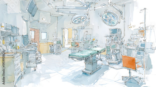 Modern Watercolor Operating Theater Illustration, AI Generated