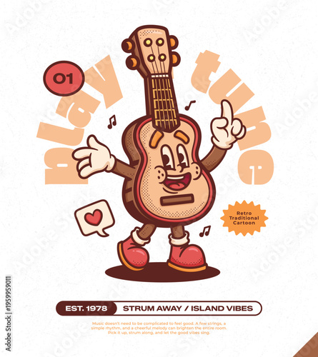 Ukulele Guitar Trendy Retro Cartoon Vector Hand Drawn 1 