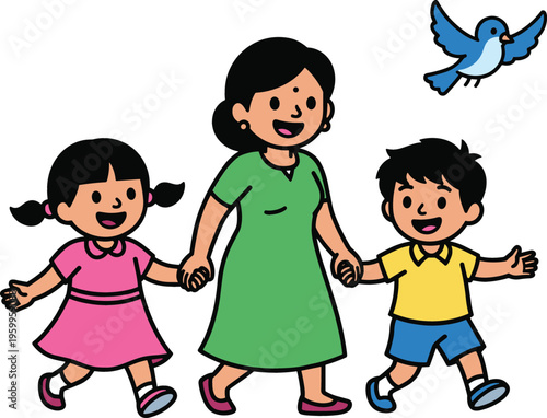 Happy mother with two children holding hands, cute cartoon vector illustration of family bonding and joyful parenting moment