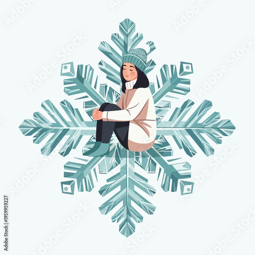 Woman Sitting on Snowflake Winter.