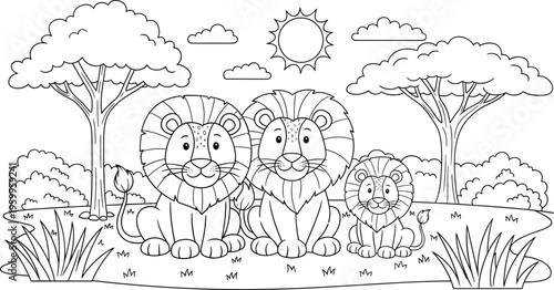 Lion family in jungle coloring page for kids, cute cartoon animal outline illustration with trees and nature scene for printable coloring book