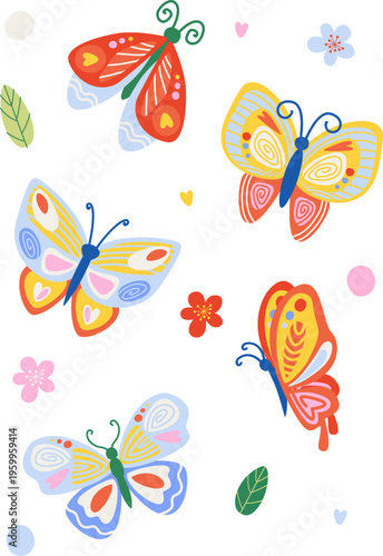 Colorful Decorative Butterflies Seamless Pattern on White Background, Folk Art Style Insects with Flowers and Leaves for Vibrant Kids Textile and Stationery