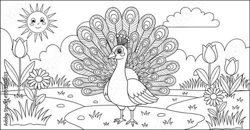 Peacock in garden coloring page for kids, detailed cartoon bird outline illustration with flowers sun and nature scene for printable coloring book