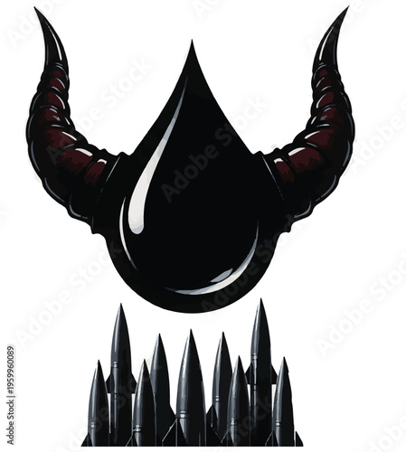 Horned oil drop above rows of bullets symbolizing war, pollution, and corporate violence.