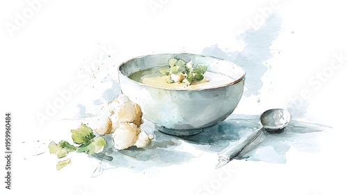 Watercolor Cabbage Soup Illustration, Fresh Organic Vegetable Food Background, ai generation. 