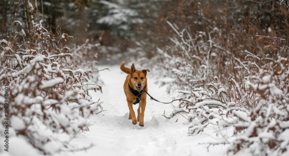 Fototapeta premium Lively dog dashing through wintery forest trails