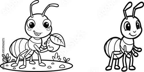 Cute ant coloring page for kids, cartoon insect outline illustration set with playful ants for printable coloring book