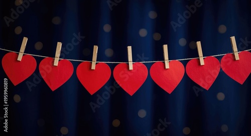 Row of red paper hearts hanging with wooden clips on string set before a dark blue curtain with subtle bokeh lights