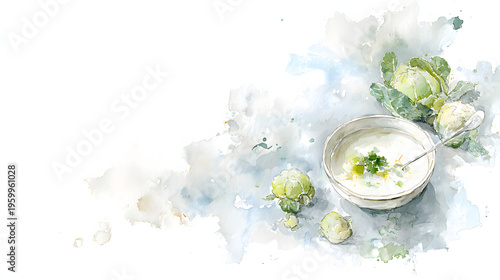 Watercolor Cabbage Soup Illustration, Fresh Organic Vegetable Food Background, ai generation. 