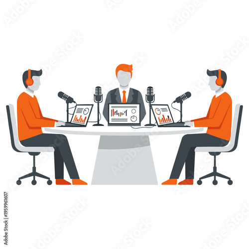 Business roundtable podcast session with three professional experts using laptops at desk