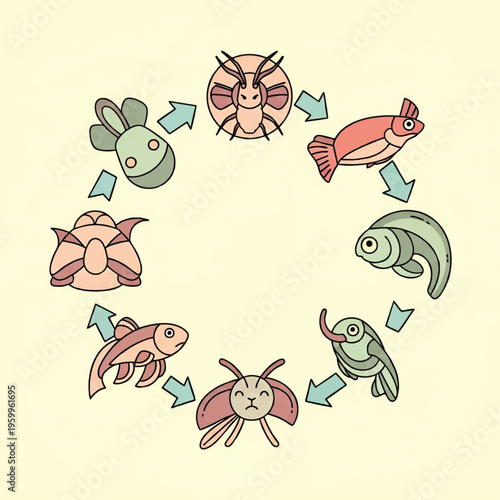 Life cycle of a crustacean creature stages.