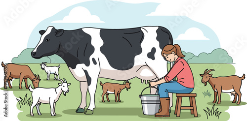 Woman milking cow on farm with goats around, vector illustration of dairy farming and rural agriculture lifestyle in countryside