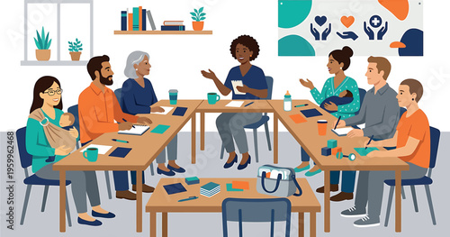 Diverse group of people sitting at tables in a meeting or workshop isolated on transparent background