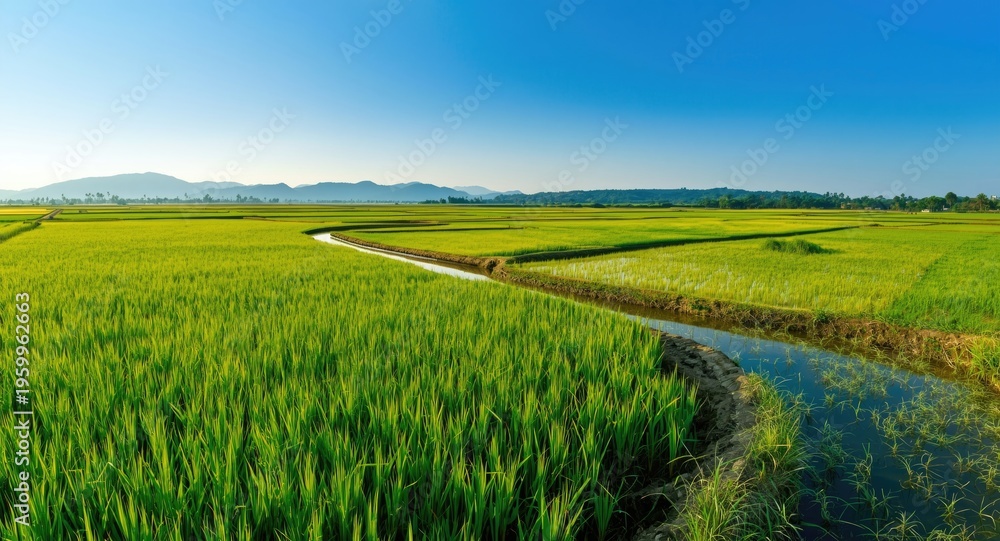 Fototapeta premium Growing rice plantation with water channels during productive farming season beneath sunny sky