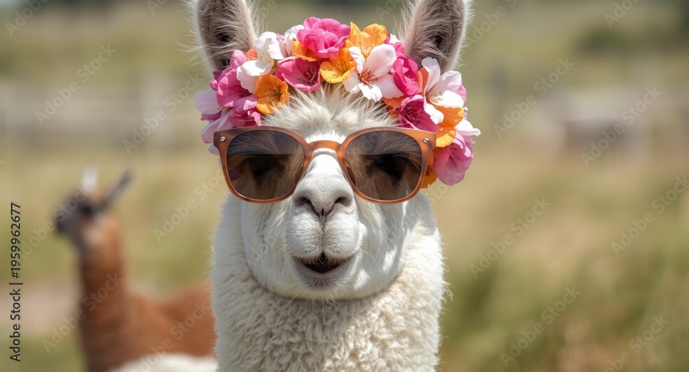 Fototapeta premium Happy llama adorned with trendy sunglasses and a vivid blossom crown in a summer setting