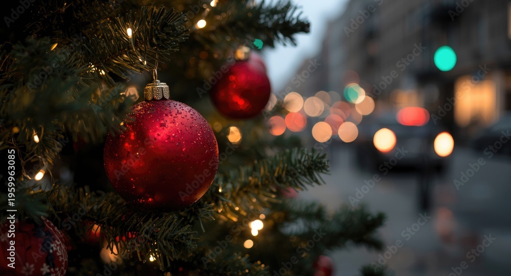 Naklejka premium Close up of a Christmas tree with red baubles and glowing fairy lights against a blurred city street background