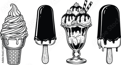 Ice cream silhouette set including waffle cone, chocolate popsicles and sundae glass, hand drawn sweet dessert elements for cafe menu design vector