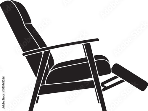 Black reclining chair with footrest and armrests on white background