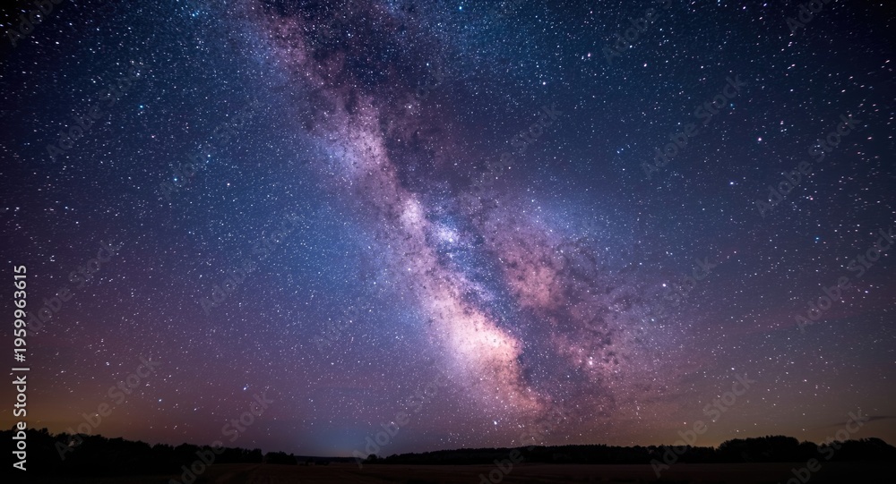 Fototapeta premium Purple and blue Milky Way galaxy spanning across a clear starry night sky landscape