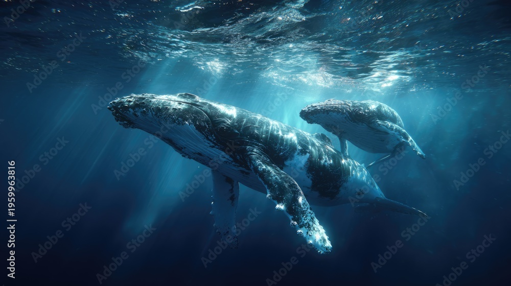 Fototapeta premium humpback whales swimming underwater in ocean with sunlight